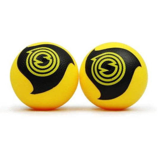 Two yellow Spikeball Pro Balls with black logo design placed side by side.