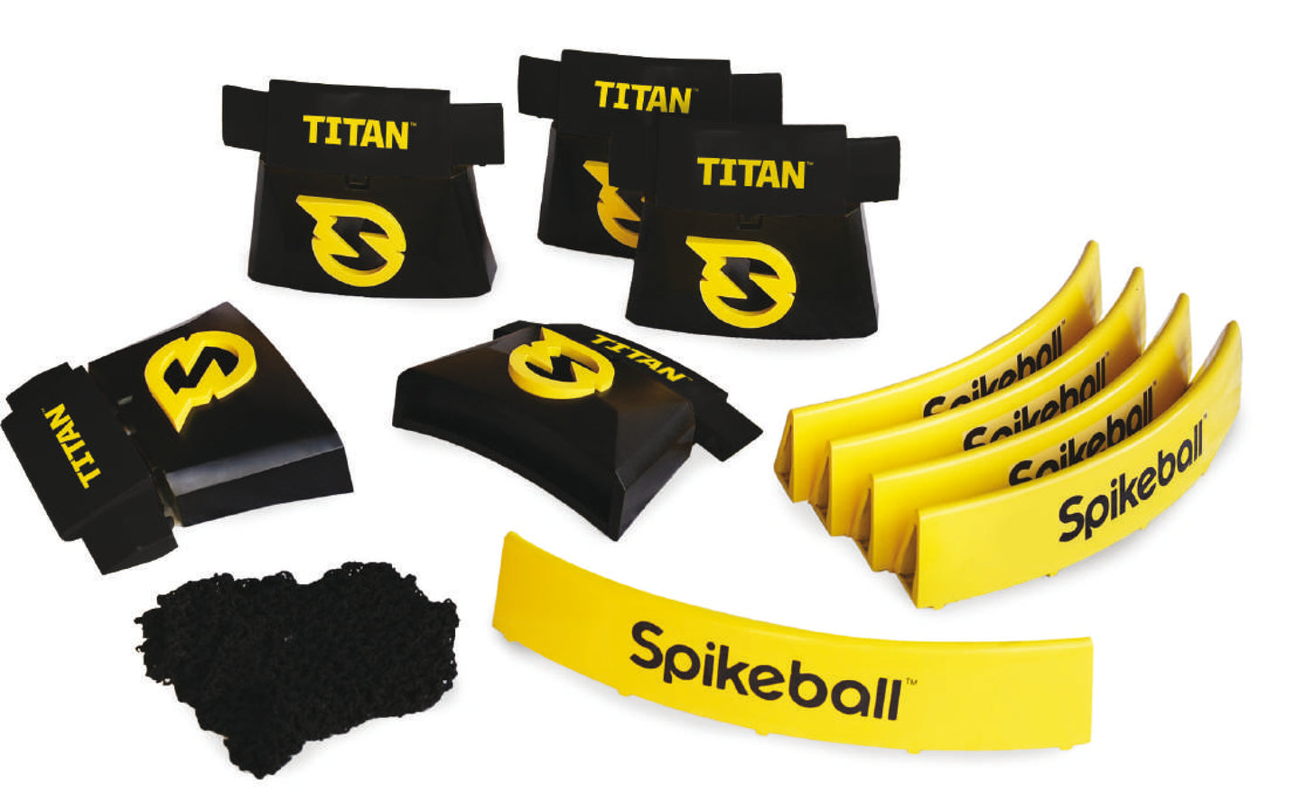 Set of Spikeball components including black and yellow parts on a white background