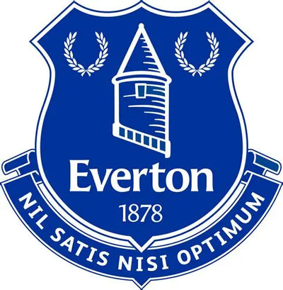 Everton logo with a blue shield featuring a tower and laurels, and the text 'Everton 1878'.