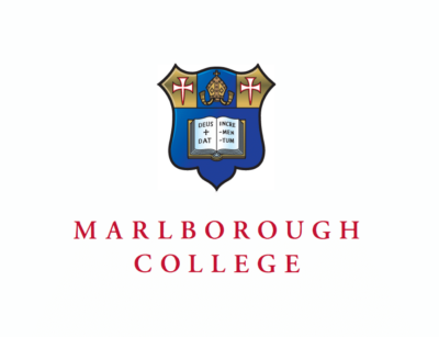Logo of Marlborough College with a blue shield and red text on a white background